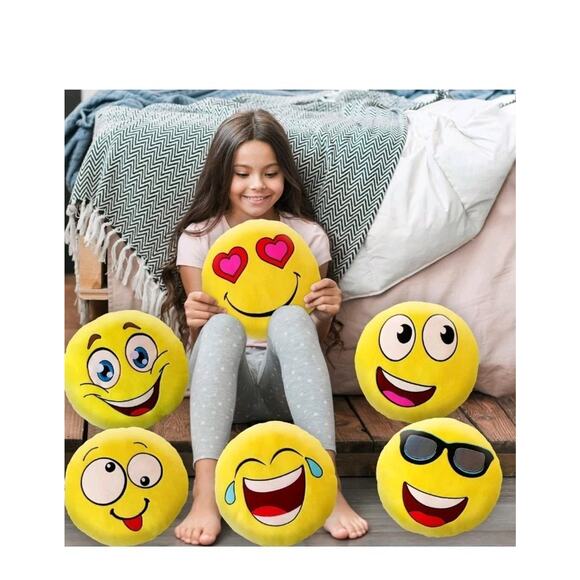 6 Emoji 12" Emoticon Cushion Pillow Round Yellow Stuffed Plush Set Soft Toy - Picture 3 of 7